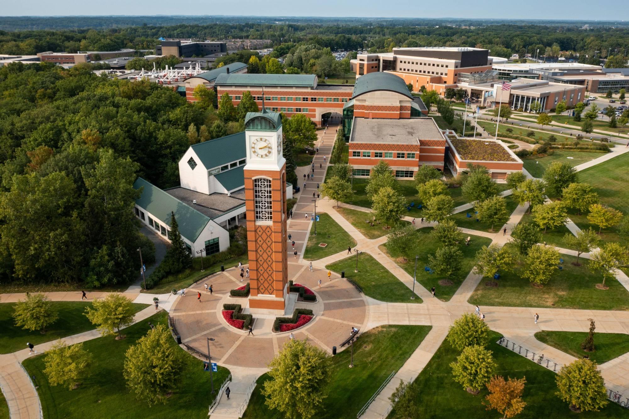 Drone photo of the clock tower on Allendale Campus.